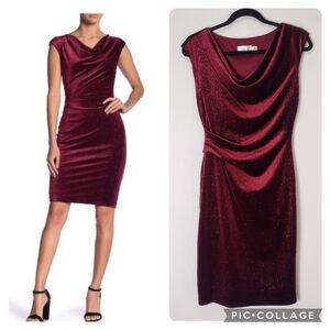 Eliza J Burgundy Red Glitter Velvet Draped Ruched Cowl Neck Sheath Mini Dress